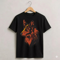 Black t-shirt with orange fox graphic on a hanger against a light gray background