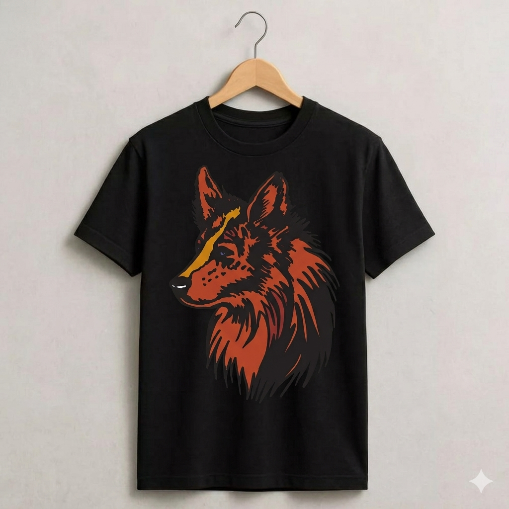 Black t-shirt with orange fox graphic on a hanger against a light gray background