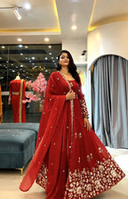 Embroidered Fendy Silk Gown Pant Dupatta Set