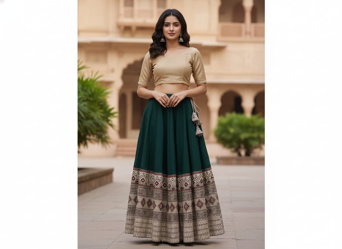 Plain Cotton Kali Skirt with Natural Border