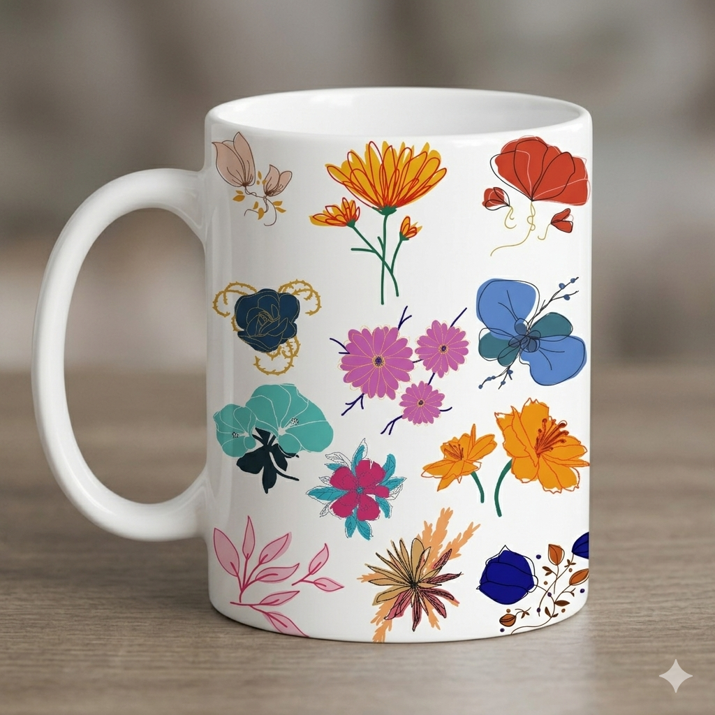White mug with colorful floral design on a wooden surface