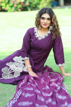 Embroidered Cotton A-Line Kurti Pant Set with Hand Block Dupatta