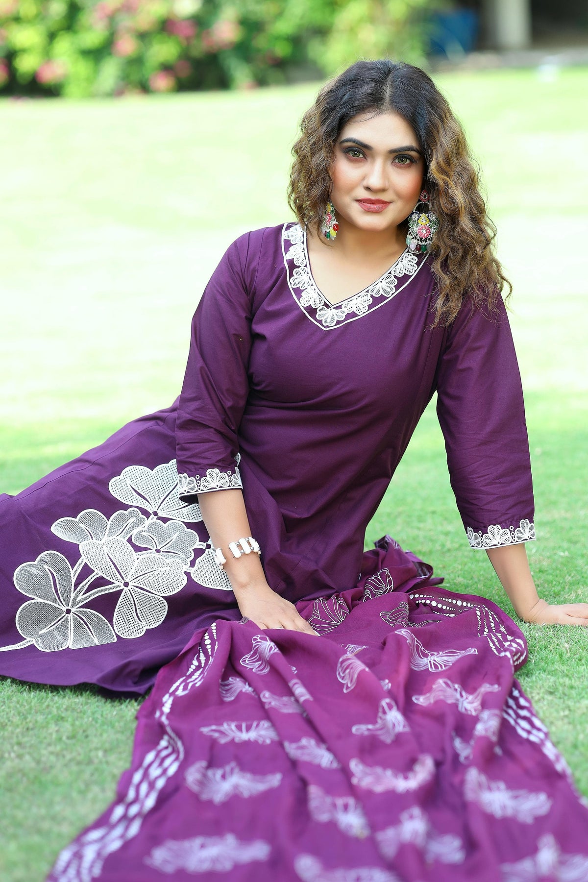 Embroidered Cotton A-Line Kurti Pant Set with Hand Block Dupatta