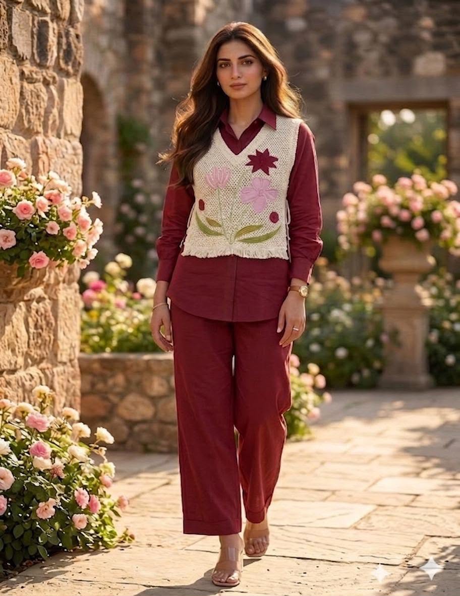 Cotton Co-Ord Set with Jute Jacket & Embroidery