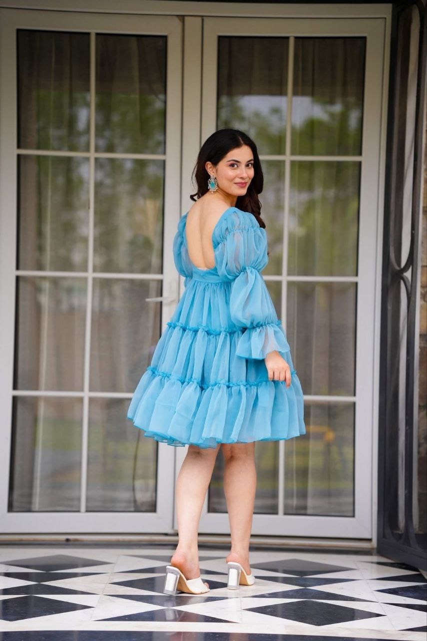 Blue Fox Georgette Mini Dress with Sweetheart Neckline