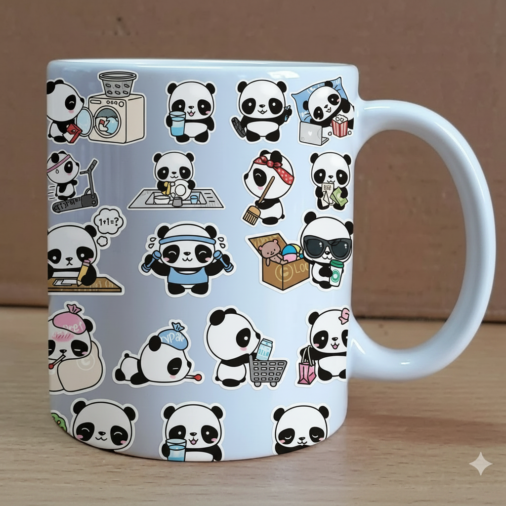 Mug with panda illustrations on a wooden surface