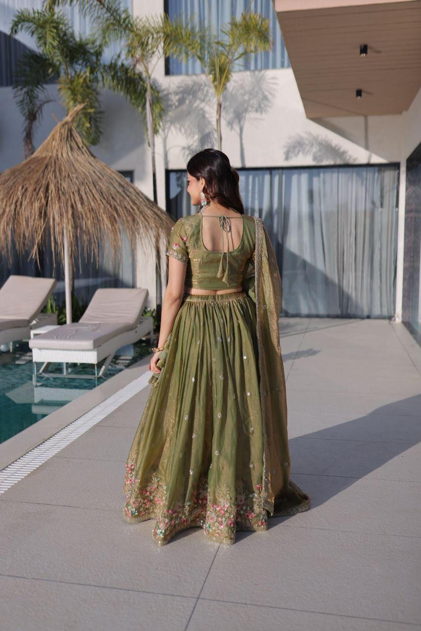 Multi Thread Embroidered Fendi Silk Lehenga Choli Set