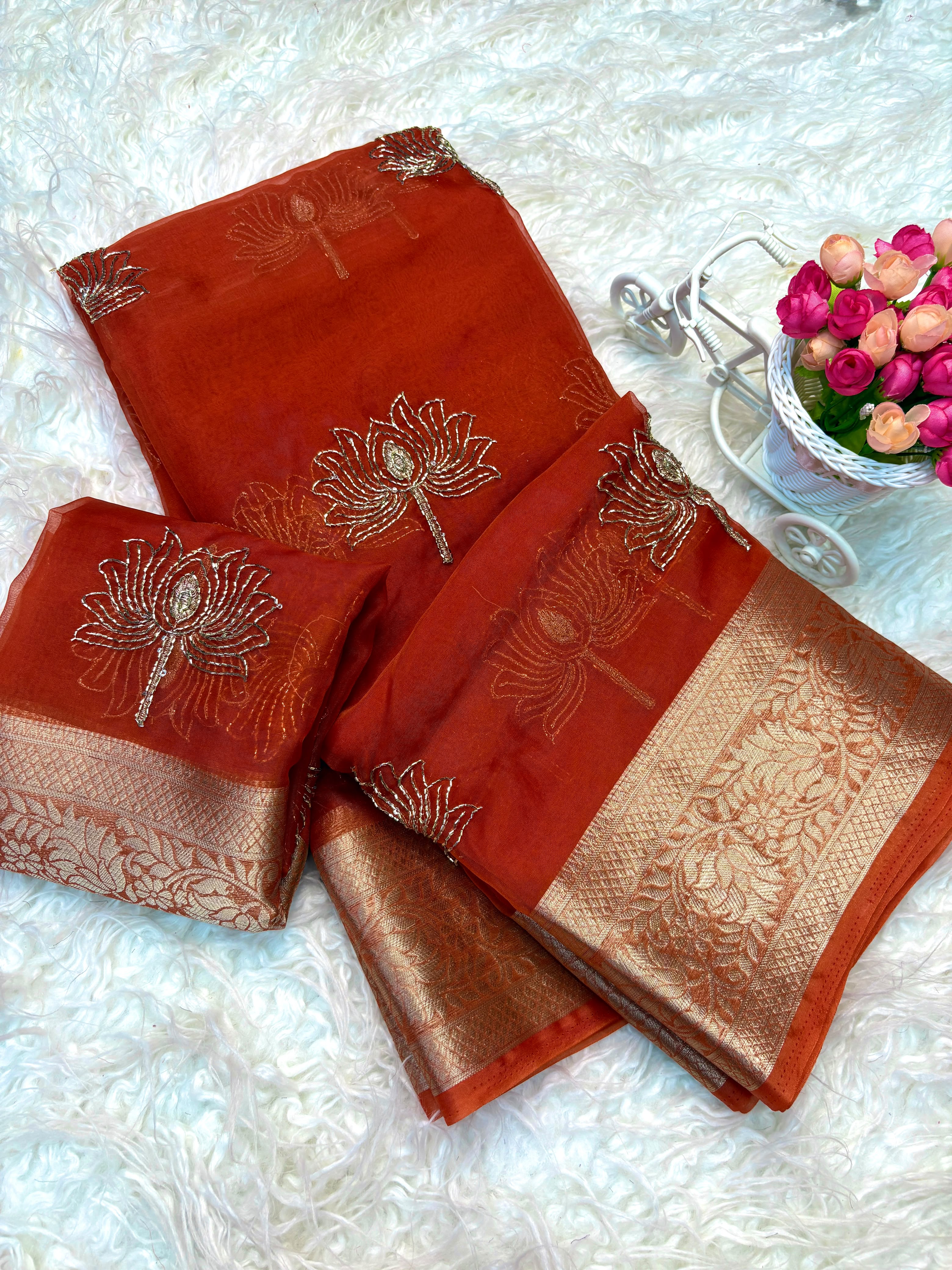 Designer Lotus Beadwork Party Wear Saree
