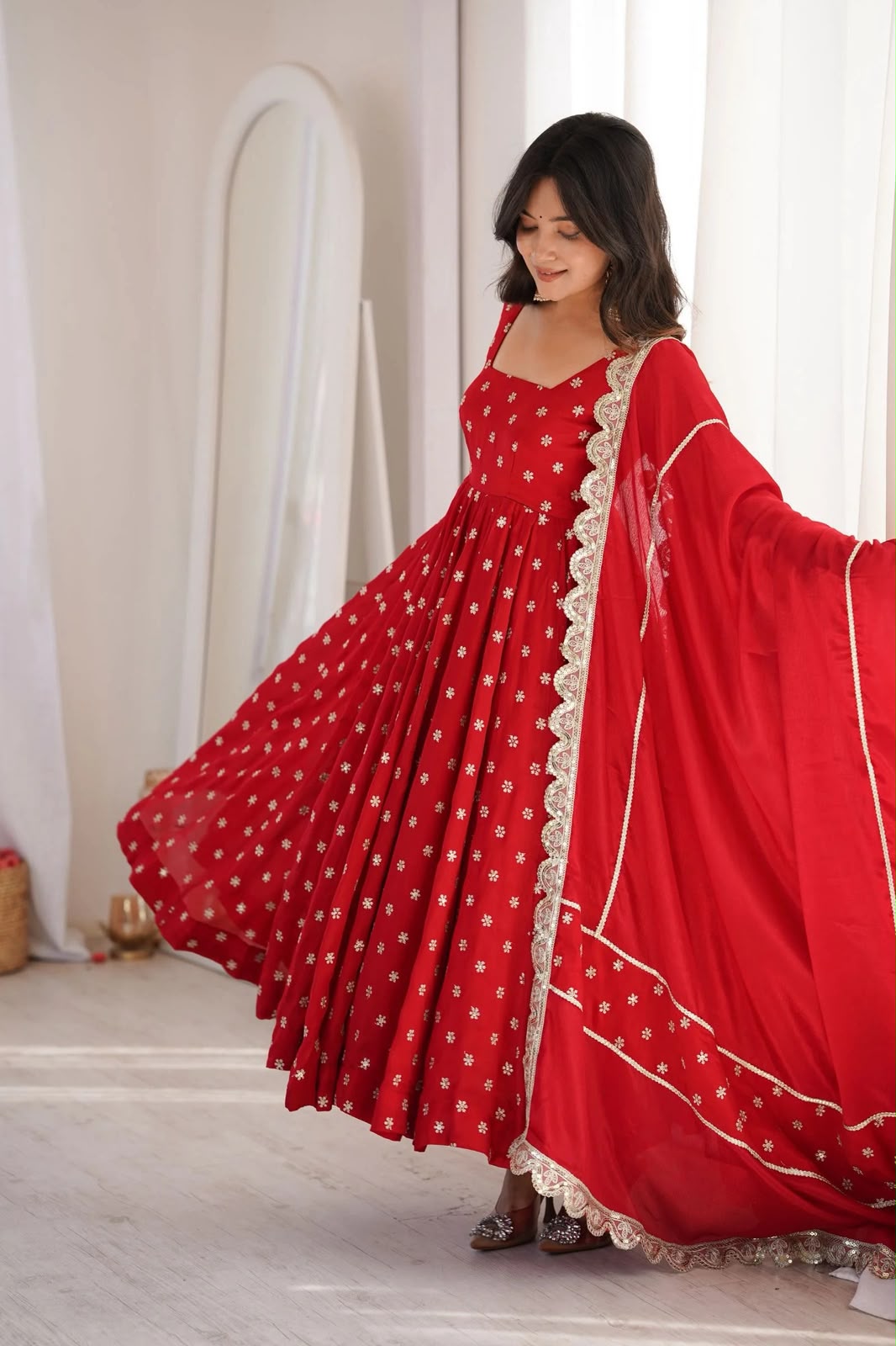 Designer Chinon Silk Anarkali Suit Set with Embroidered Dupatta