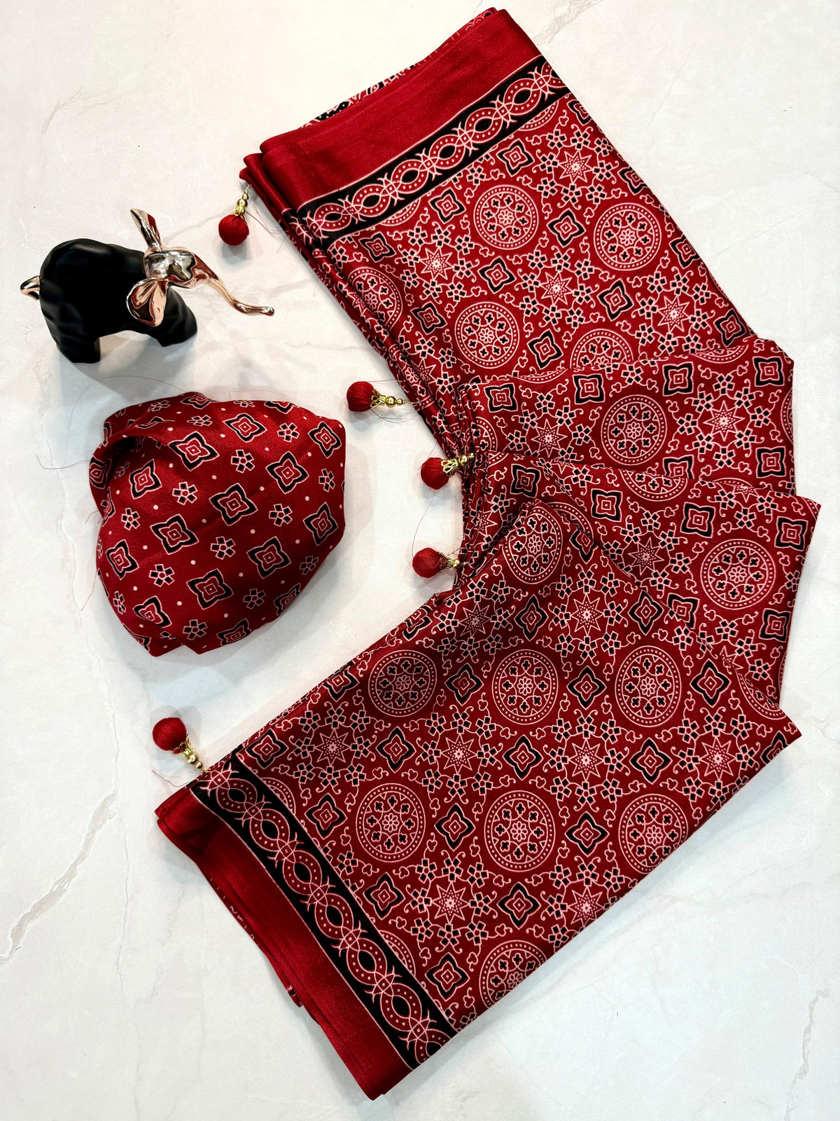 Ajrakh Printed Crepe Gajji Silk Saree with Latkan & Blouse