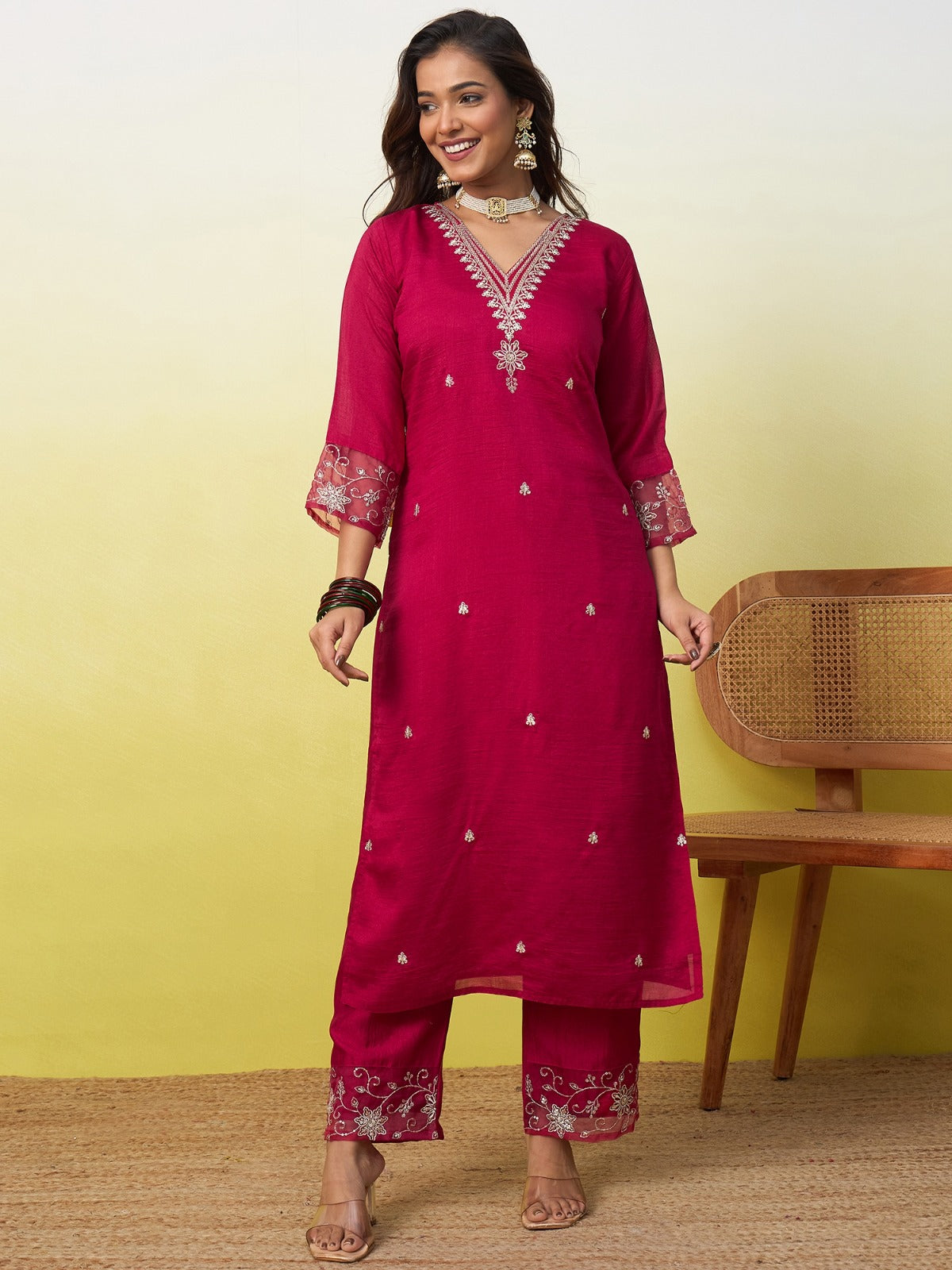 Embroidered Vichitra Silk Kurta Pant Set with Dupatta