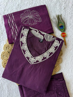 Embroidered Cotton A-Line Kurti Pant Set with Hand Block Dupatta