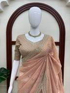 Thread and Sequins Work Tissue Crush Saree with Unstitched Blouse