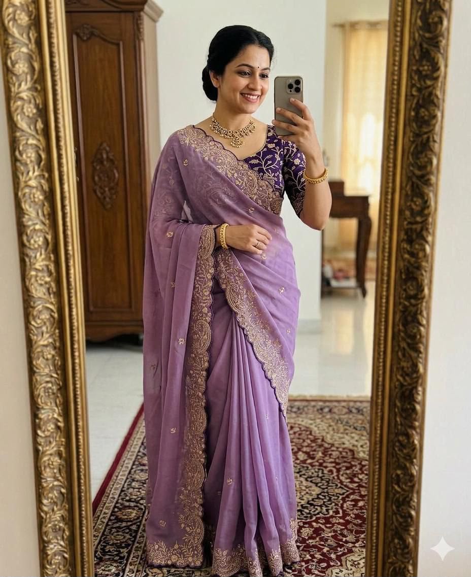 Designer Star Georgette Embroidered Saree with Contrast Blouse