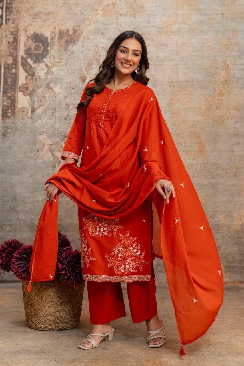 Designer Heavy Cotton Embroidered Kurti Pant Set with Cotton Dupatta