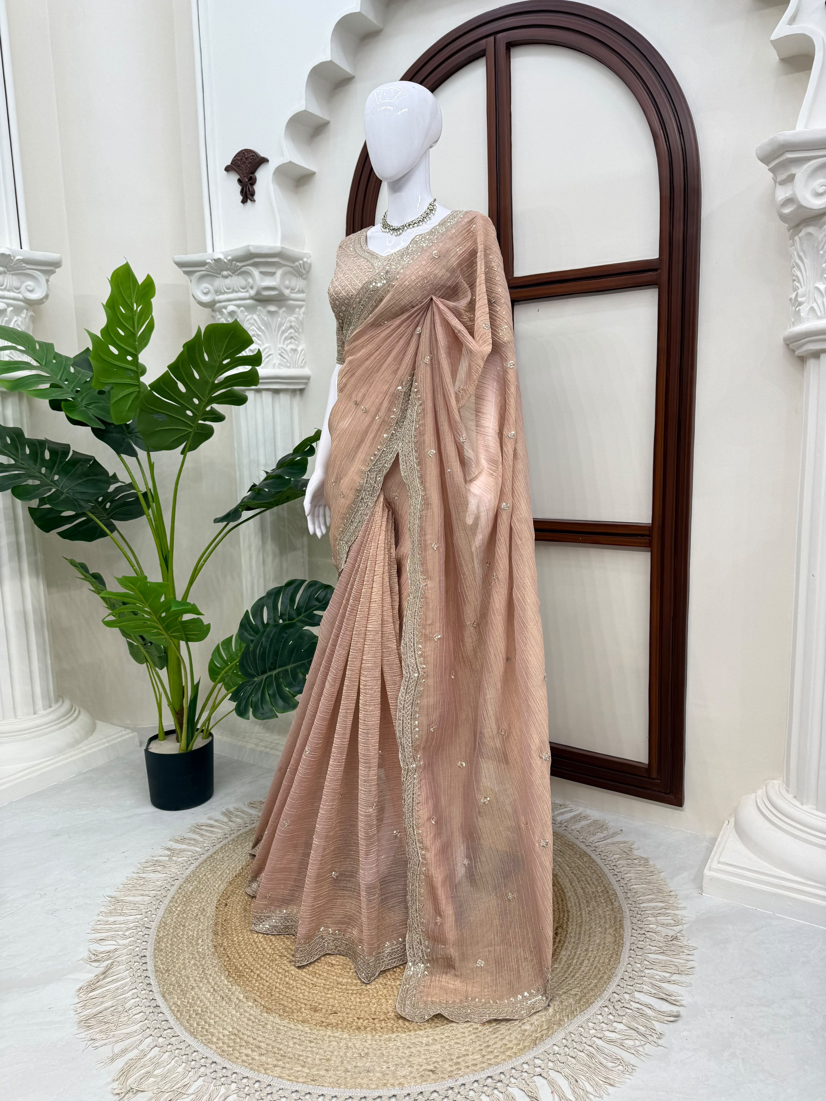 Thread and Sequins Work Tissue Crush Saree with Unstitched Blouse