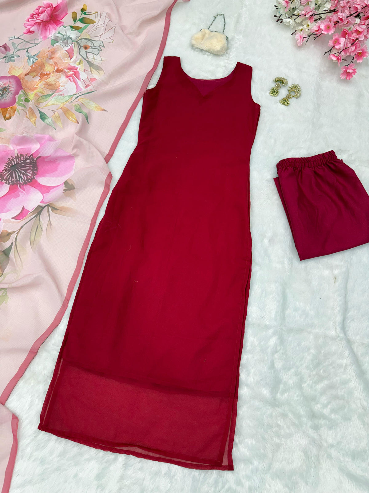Georgette Kurta with Butter Silk Pant & Printed Cotton Dupatta Set