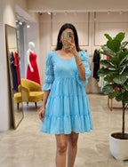 Blue Fox Georgette Mini Dress with Sweetheart Neckline