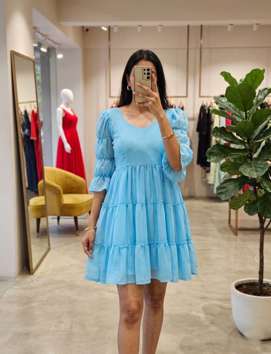 Blue Fox Georgette Mini Dress with Sweetheart Neckline