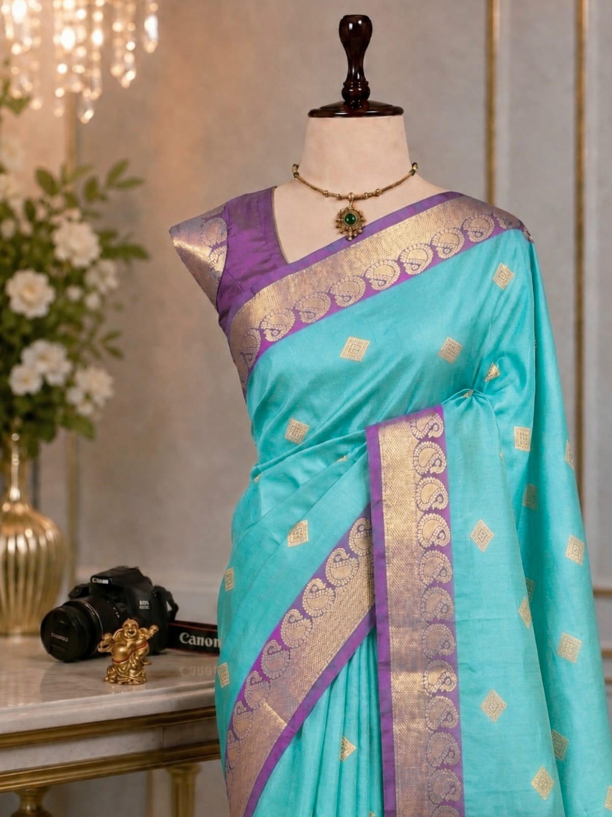 Fusion Korvai Soft Silk Saree with Golden Zari Buttas & Contrast Border