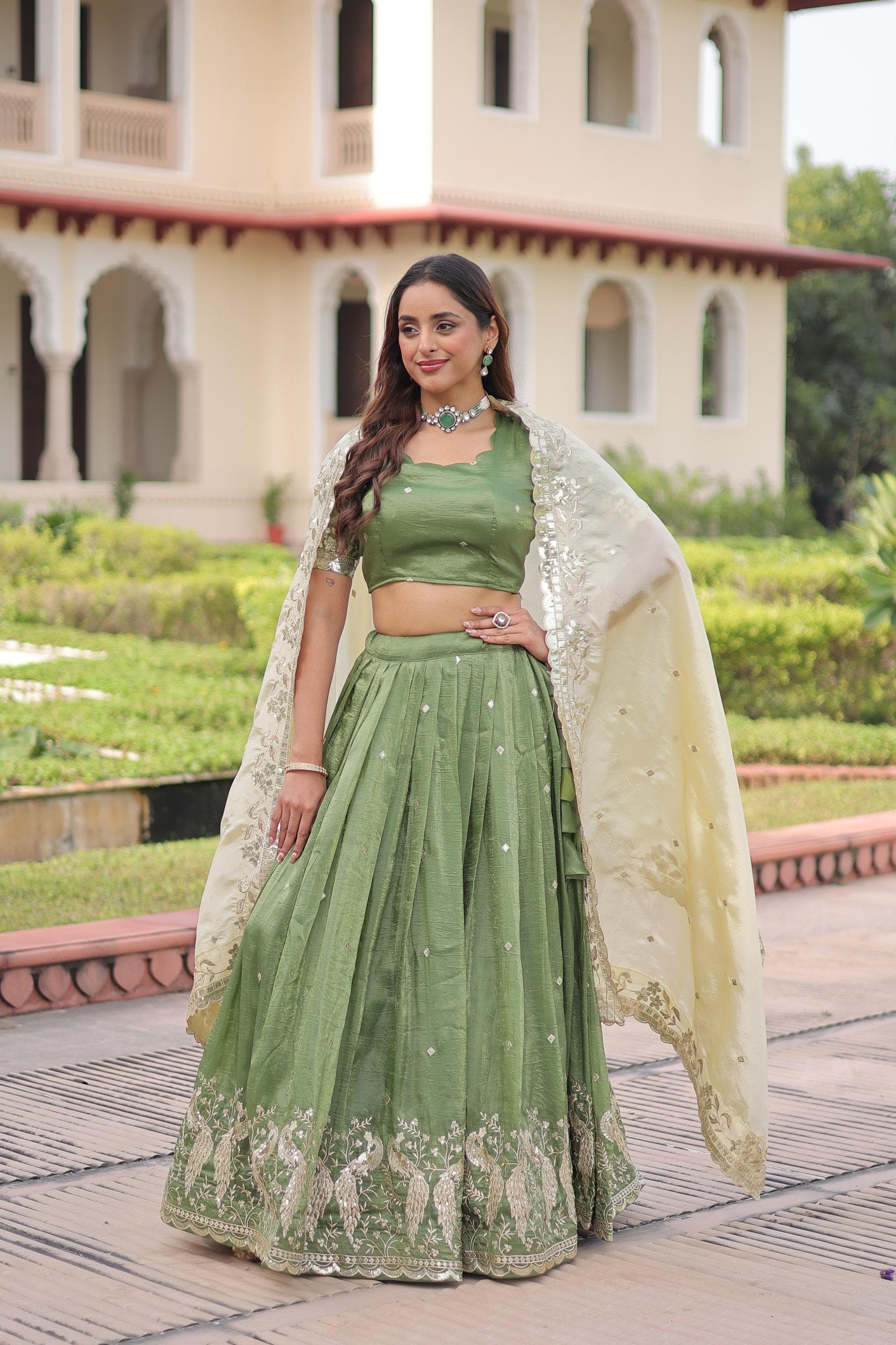 Sequins Embroidered Gold Crush Lehenga Choli Set with Dupatta