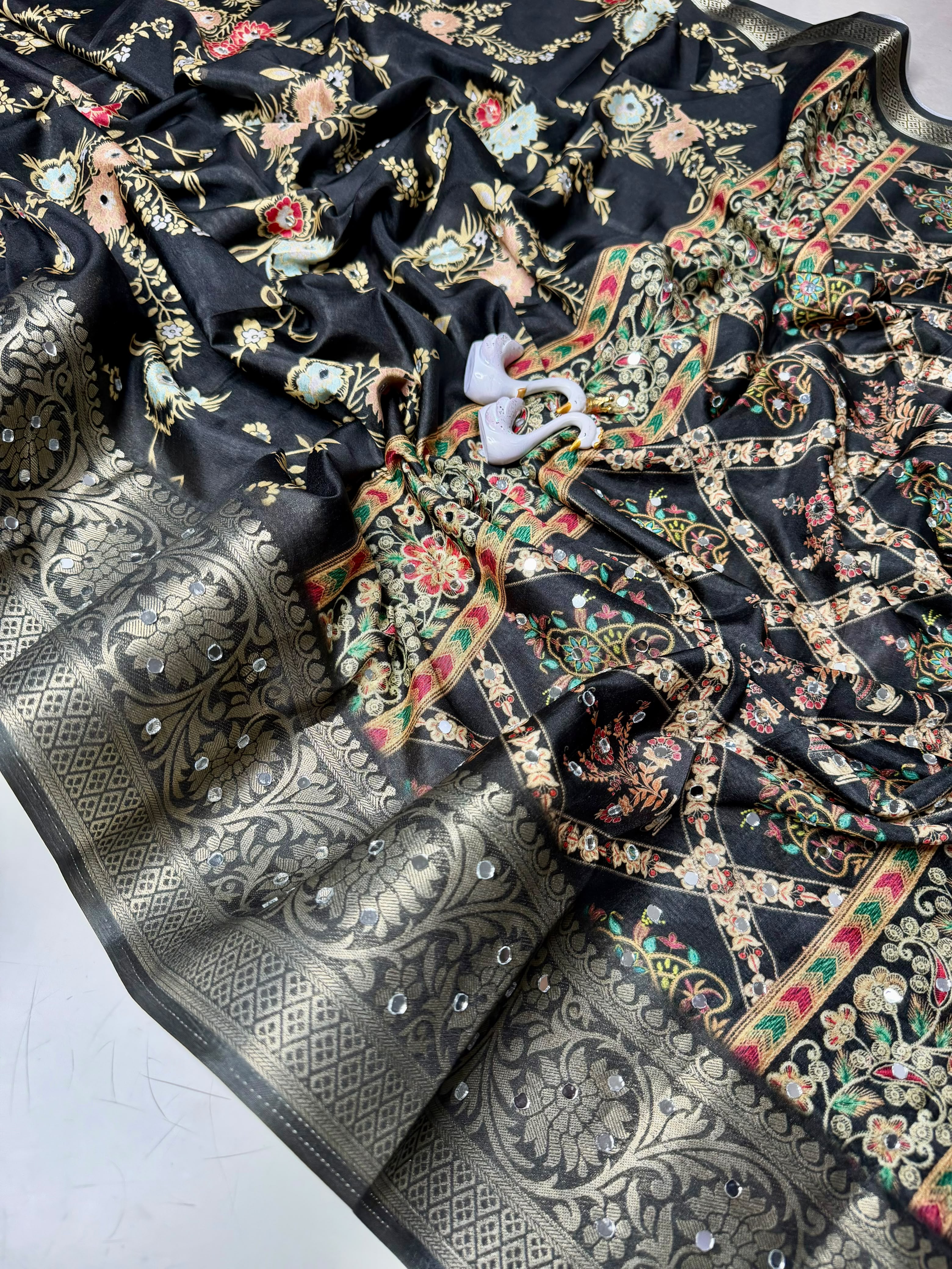 Floral Print Digital Silk Saree with Mirror Work