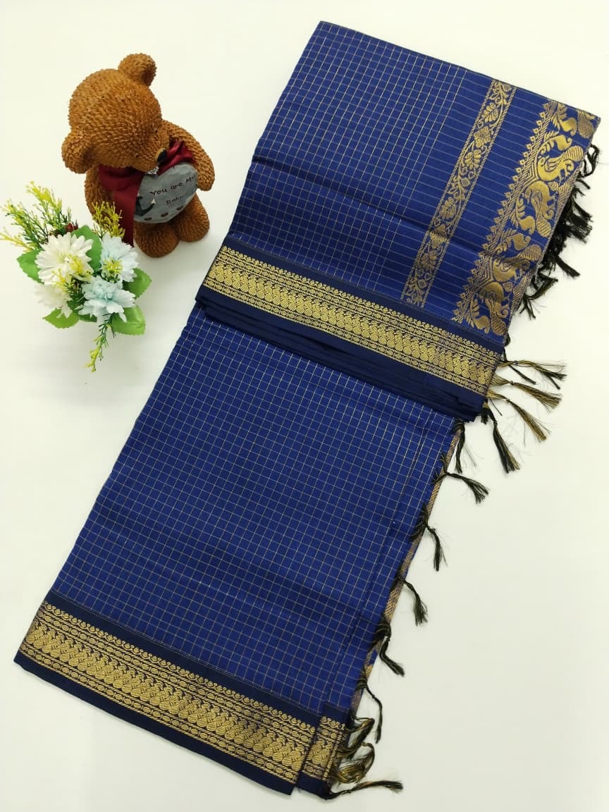 Checked Cotton Saree with Zari Pallu and Contrast Blouse