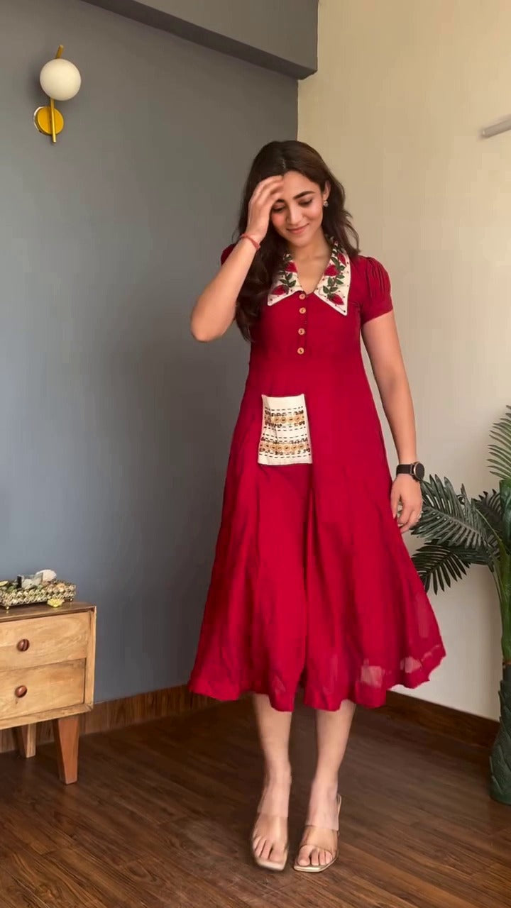 Embroidered Cotton Shirt Collar Dress for Women