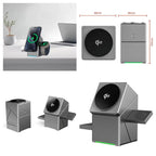 A gray and black Qi2 wireless charging dock shown in multiple angles on a white background, with one top-left inset showing it in use on a desk beside a phone and laptop. Red dimension lines indicate 66mm width and 150mm height.