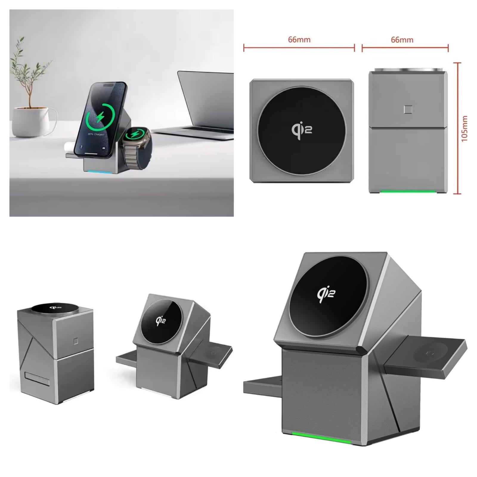 A gray and black Qi2 wireless charging dock shown in multiple angles on a white background, with one top-left inset showing it in use on a desk beside a phone and laptop. Red dimension lines indicate 66mm width and 150mm height.