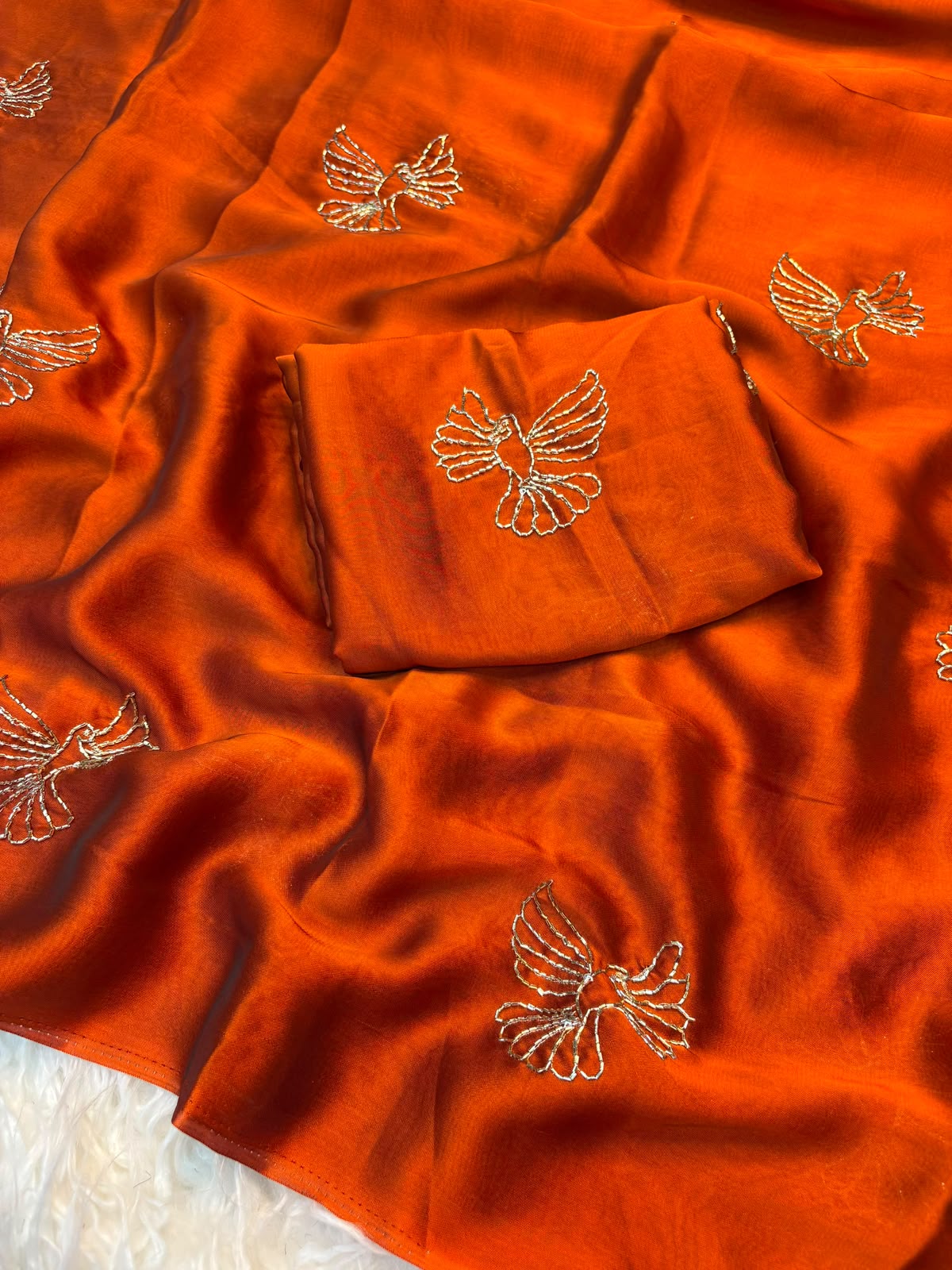 Bird Motif Beaded Rangoli Fabric Saree with Blouse