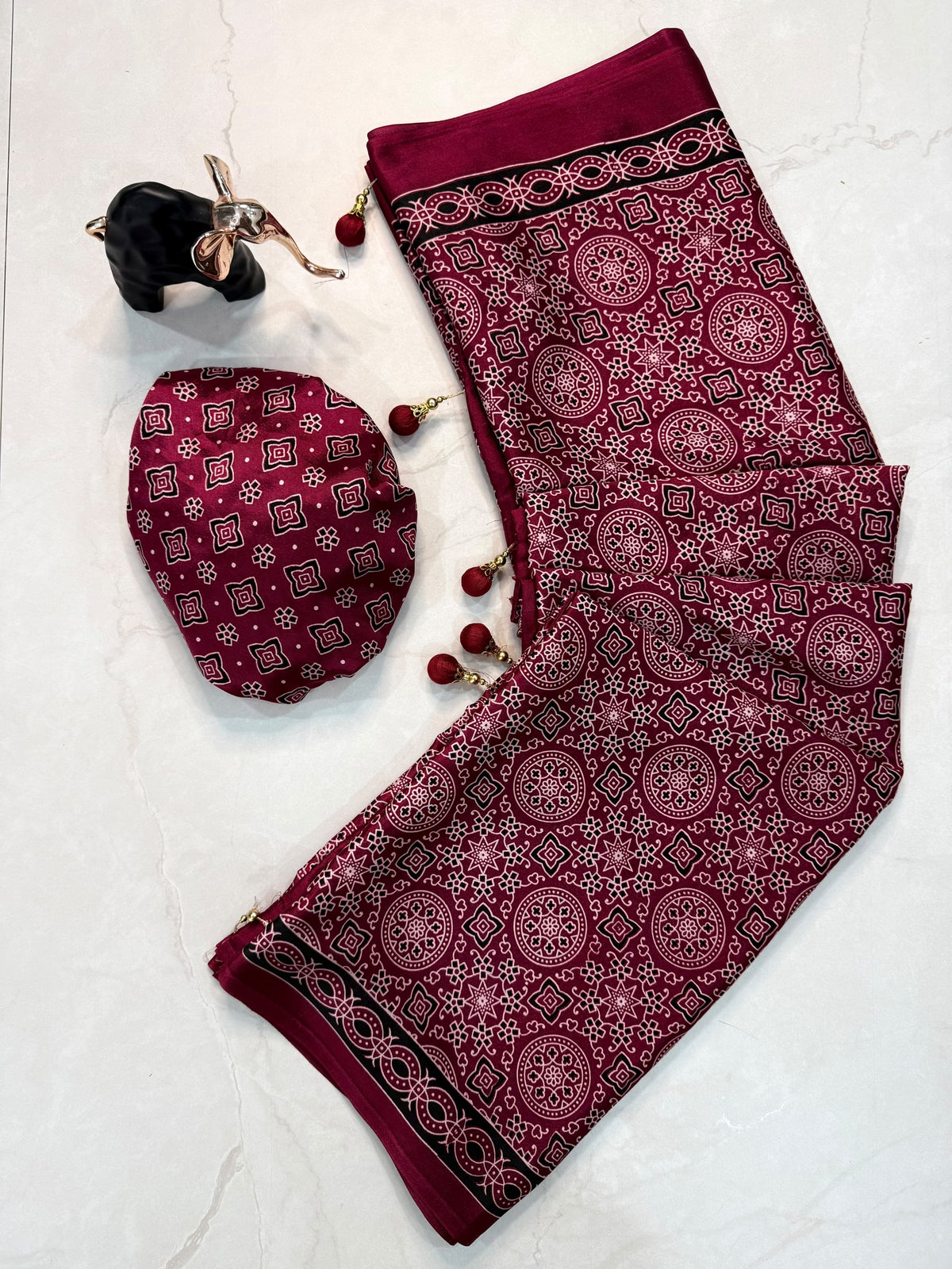Ajrakh Printed Crepe Gajji Silk Saree with Latkan & Blouse