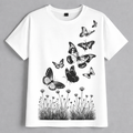 White t-shirt with black butterfly and plant design on a gray background