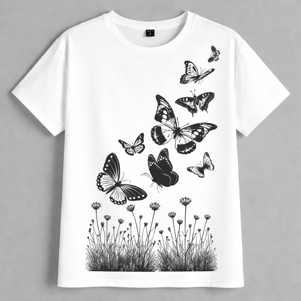 White t-shirt with black butterfly and plant design on a gray background