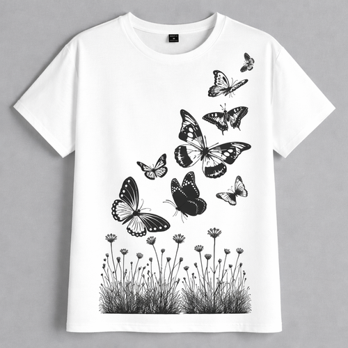 White t-shirt with black butterfly and plant design on a gray background