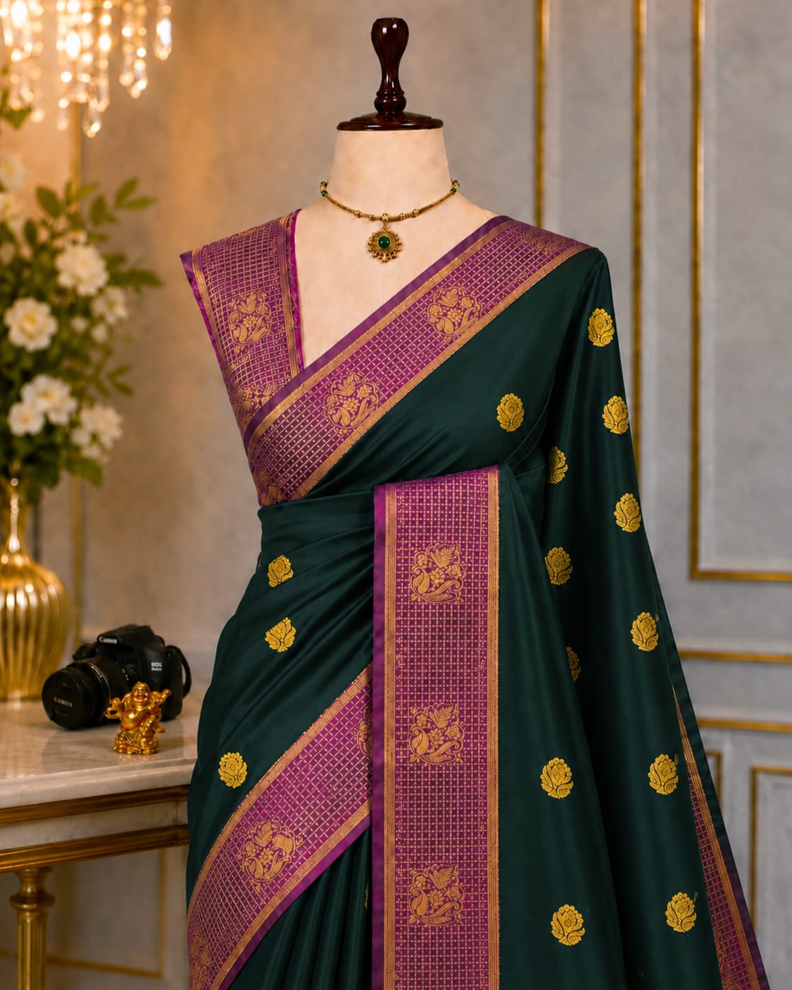 Fusion Korvai Soft Silk Saree with Golden Zari Buttas & Contrast Border