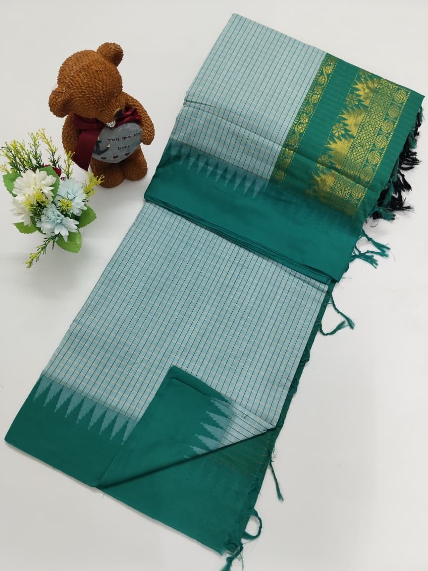 Checked Cotton Saree with Zari Pallu and Contrast Blouse