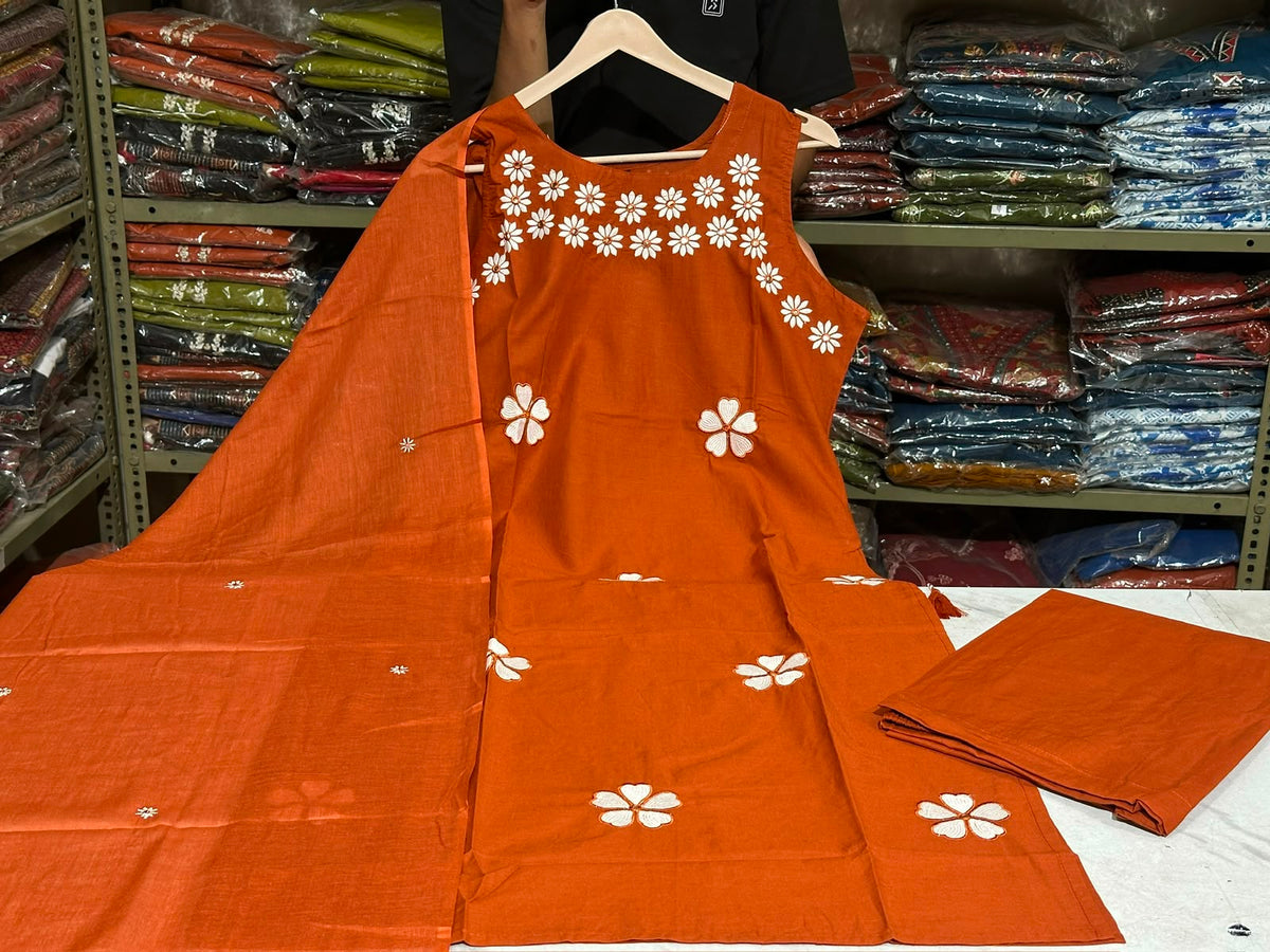 Embroidered Cotton Kurti Pant Set with Dupatta