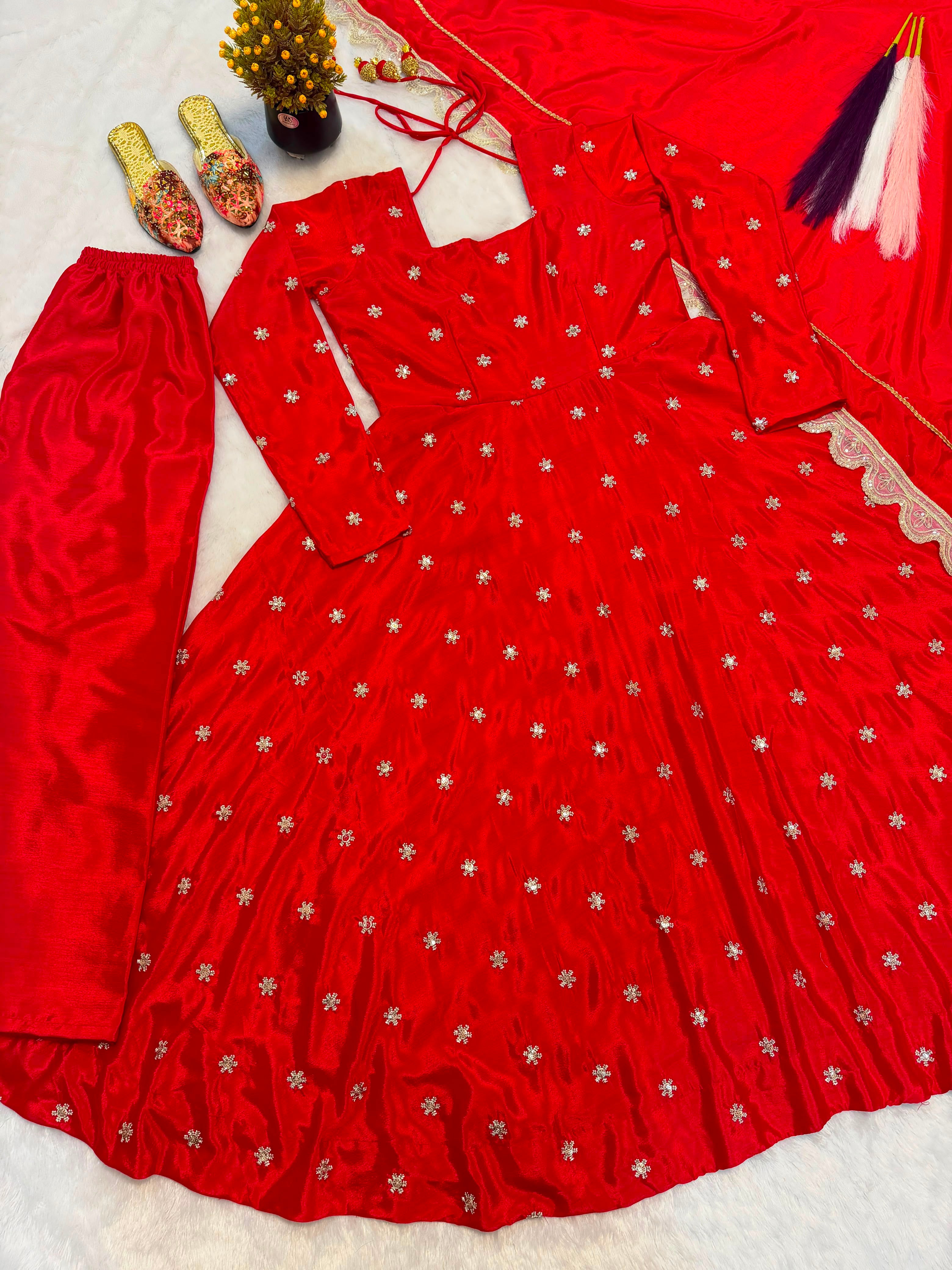 Designer Chinon Silk Anarkali Suit Set with Embroidered Dupatta