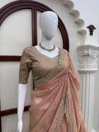Thread and Sequins Work Tissue Crush Saree with Unstitched Blouse