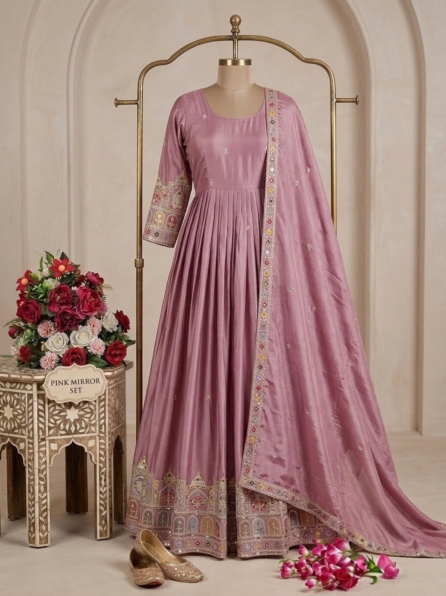 Embroidered Chinon Silk Gown Pant Set with Dupatta