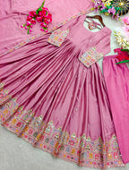 Embroidered Chinon Silk Gown Pant Set with Dupatta