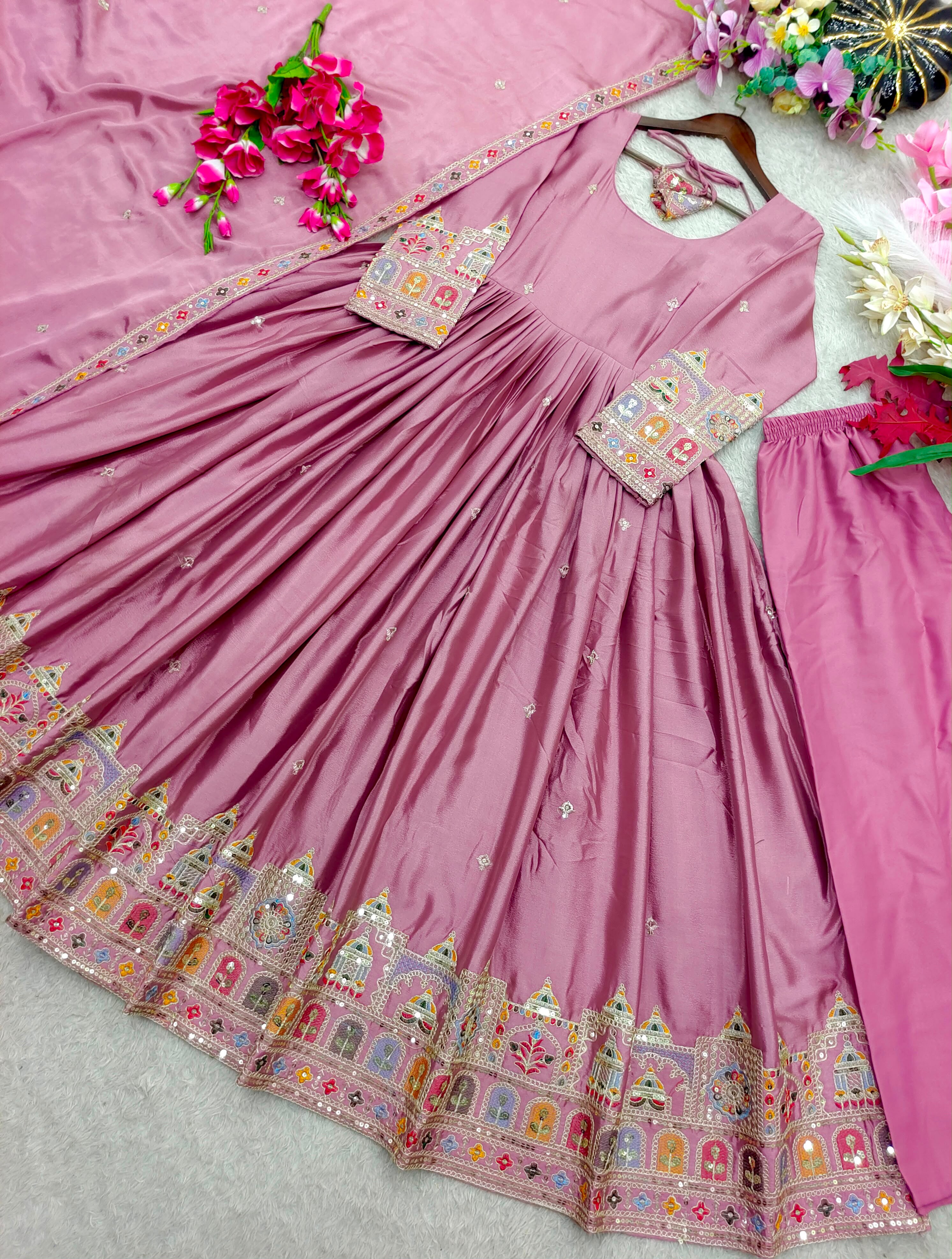 Embroidered Chinon Silk Gown Pant Set with Dupatta