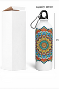 Mandala water bottle with carabiner and packaging on a white background