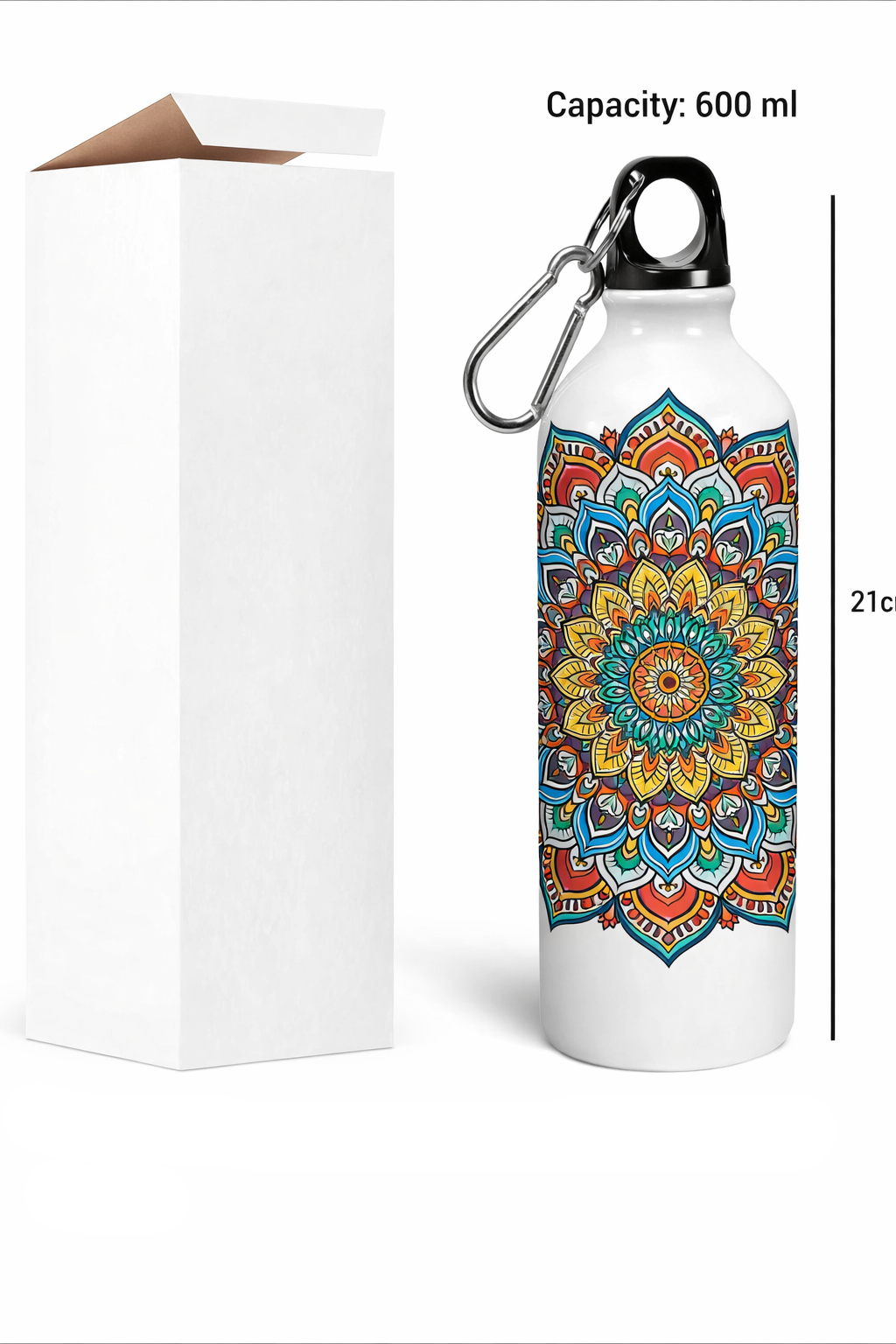 Mandala water bottle with carabiner and packaging on a white background