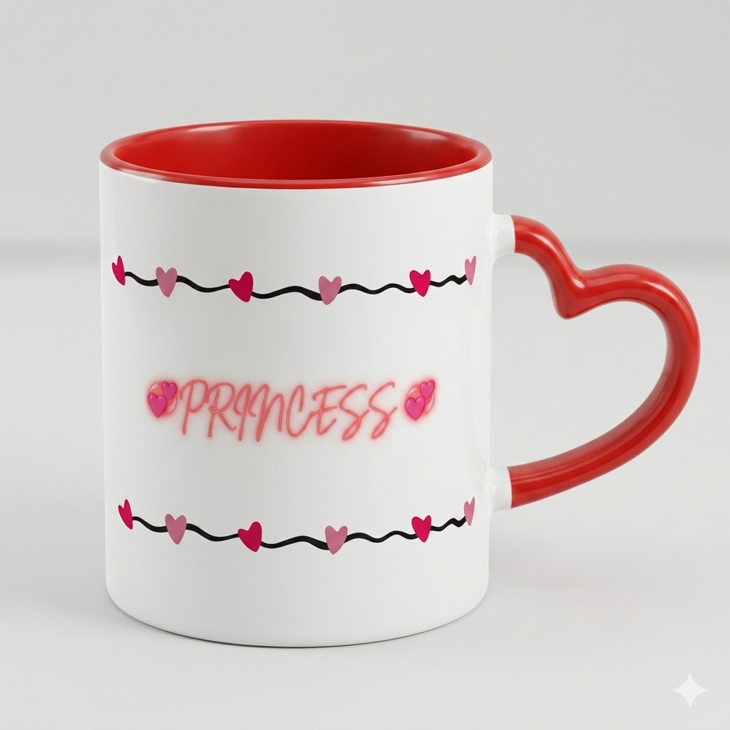 White mug with red interior and handle, featuring 'PRINCESS' text and heart designs on a white background.