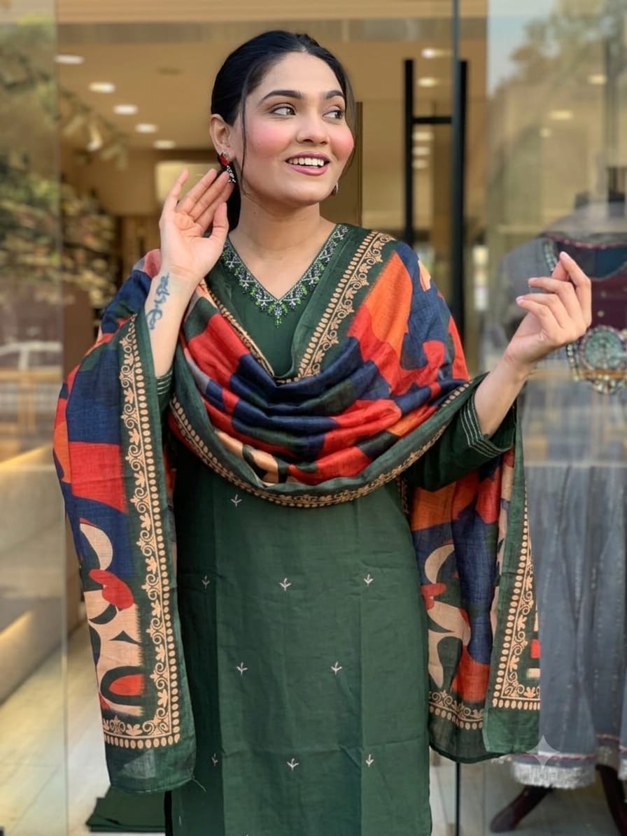 Cotton Straight Kurta Pant Dupatta Set with Zari Work