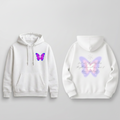 White hoodie with butterfly design on a gray background