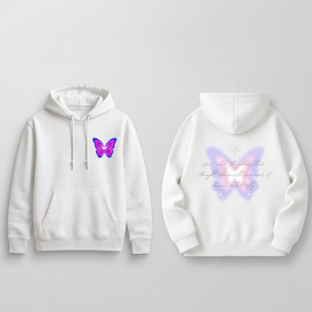 White hoodie with butterfly design on a gray background