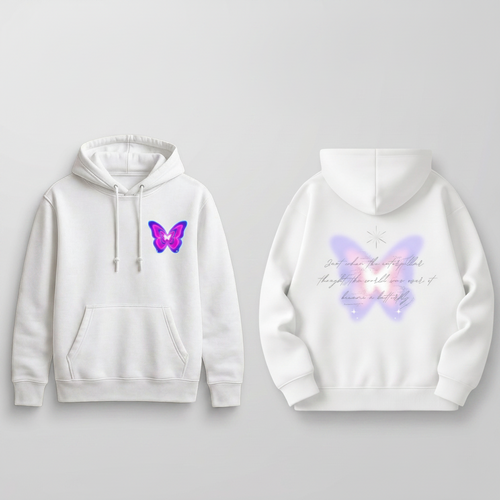 White hoodie with butterfly design on a gray background